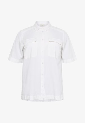 Balta trumpo rankovės marškiniai su apykakle, dviem priekinėmis kišenėmis ir mygtukų uždarymu. Pagaminti iš lengvos medžiagos su šiek tiek tekstūruotu paviršiumi.