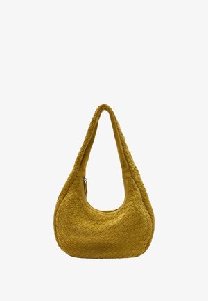 Torebka z miękkiej zamszowej tkaniny w kolorze musztardowym, o zaokrąglonym kształcie, z szerokim paskiem na ramię i zamkiem błyskawicznym. Gładka tekstura o delikatnym wykończeniu.