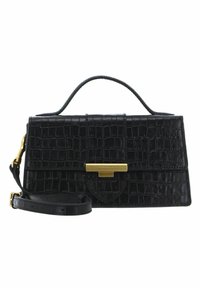 Borsa nera realizzata in pelle testurizzata con motivo coccodrillo. Presenta una maniglia superiore, una tracolla regolabile e finiture in oro.