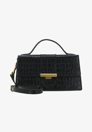Sac à main noir en cuir texturé à motif crocodile. Il dispose d'une poignée supérieure, d'une sangle réglable et de quincaillerie dorée.