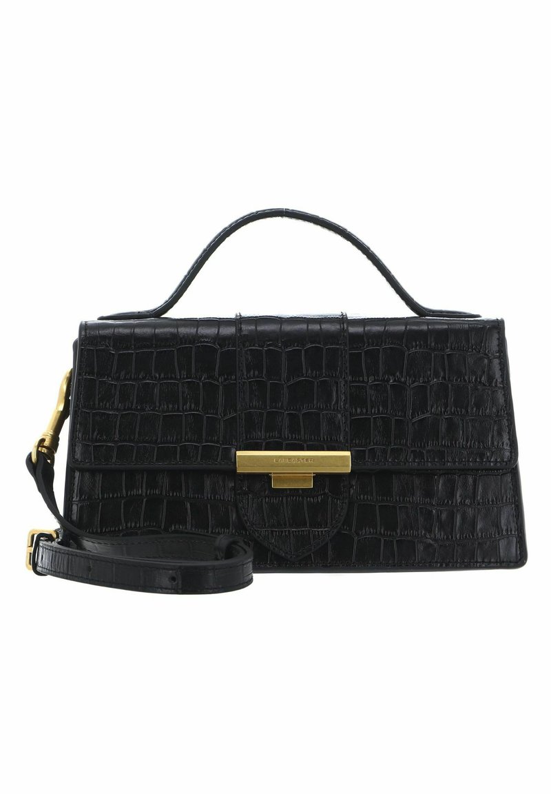 Borsa nera realizzata in pelle testurizzata con motivo coccodrillo. Presenta una maniglia superiore, una tracolla regolabile e finiture in oro.