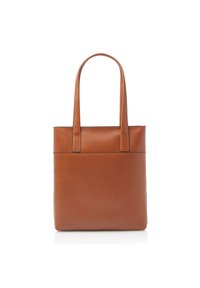 Borsa a tracolla in pelle marrone con due manici lunghi, design minimalista, forma rettangolare, texture liscia e dettagli di cucitura discreti.
