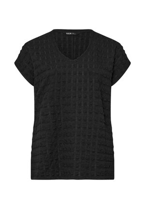 Schwarze, strukturierte Kurzarmbluse mit V-Ausschnitt und dezentem Karomuster.