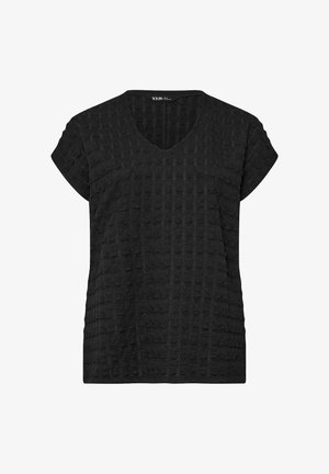 Schwarze, strukturierte Kurzarmbluse mit V-Ausschnitt und dezentem Karomuster.