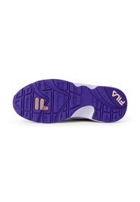 Purple rubber shoe sole with textured pattern and grooves. Featuring a small pink accent and a white logo on the side.