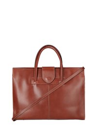 Bruine leren handtas met dubbele bovenhandvatten, een afneembare schouderband en een drukknoopsluiting. Heeft een gladde textuur en minimale naaddetails.