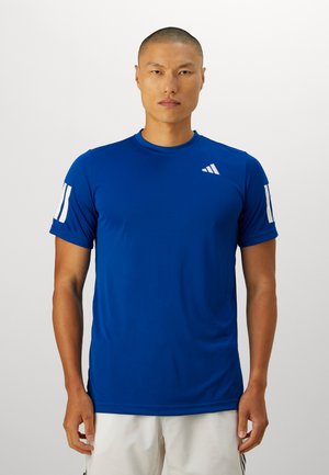 Royal blue athletic t-shirt, short sleeves, crew neckline, features white vertical stripes on sleeves and a small white logo on the chest.