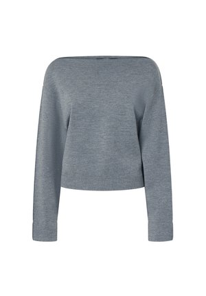 Maglione grigio a coste con maniche lunghe, realizzato in morbido materiale a maglia. Presenta un ampio scollo e dettagli a coste sul bordo.