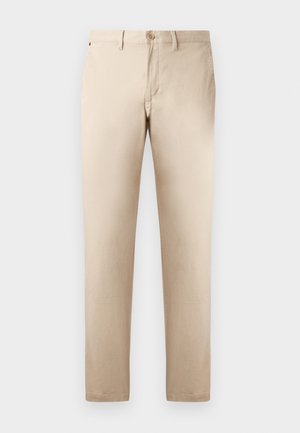 Beige katoenen chinos met een recht model, knoopsluiting en riemlussen. Glad oppervlak, minimale stiksels en geen zichtbare patronen.
