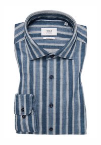 Blauw-wit gestreepte shirt van stof, met een modern fit ontwerp, een klassieke kraag en knopenaccenten op de mouwen en voorkant.