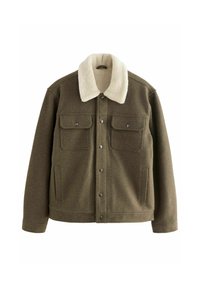 Braune Wollmischungjacke mit einem krämfarbenen, gefälschten Schaffellkragen, Knopfverschluss und zwei Brusttaschen, aus strukturiertem Stoff.