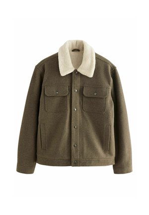 Brązowa kurtka z mieszanki wełny z kremowym sztucznym kołnierzem z owczej skóry, z przodem na guziki i dwiema kieszeniami na piersiach, o fakturowanej tkaninie.