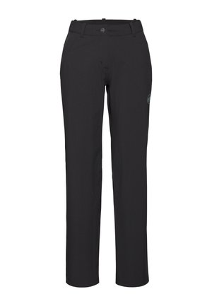 Zwarte, rechte broek met een gladde textuur. Beschikt over een knoopsluiting, lussen voor een riem en een klein logo aan de zijkant.