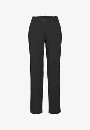 Pantaloni neri a gamba dritta con una texture liscia. Presentano una chiusura con bottone, passanti per la cintura e un piccolo logo di lato.