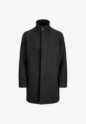 Cappotto grigio scuro realizzato in tessuto testurizzato. Presenta un colletto alto, chiusura a bottoni e maniche lunghe con polsini. Silhouette strutturata e dritta.