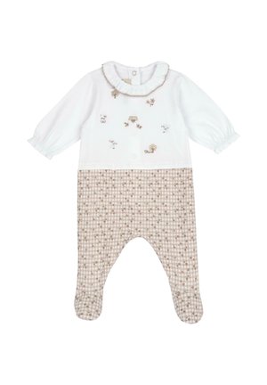 Barboteuse bébé manches longues avec haut blanc orné de petits animaux brodés et pantalon à carreaux beige avec motif floral et pieds intégrés.