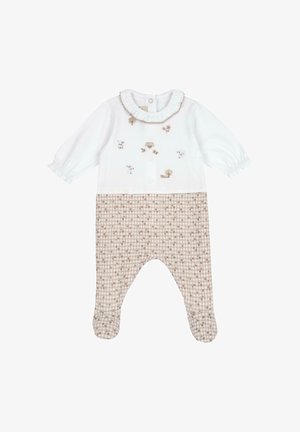 Barboteuse bébé manches longues avec haut blanc orné de petits animaux brodés et pantalon à carreaux beige avec motif floral et pieds intégrés.