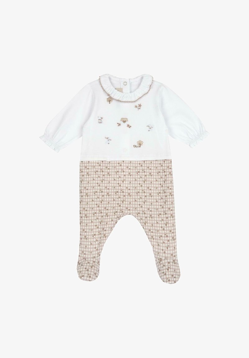 Barboteuse bébé manches longues avec haut blanc orné de petits animaux brodés et pantalon à carreaux beige avec motif floral et pieds intégrés.