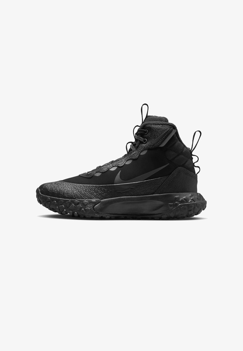 Black high-top athletic shoe with textured fabric, rubber outsole, and lace-up design. Features a smooth black Swoosh logo and pull tabs.