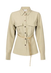 Beige long-sleeve shirt with a collared neckline, two chest pockets, button front, and a gold chain belt. Smooth texture and tailored fit.