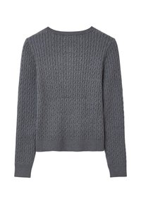 Maglione grigio a maglia grossa con maniche lunghe e polsini, orlo e scollatura a girocollo a coste, mostrato disteso su uno sfondo bianco.