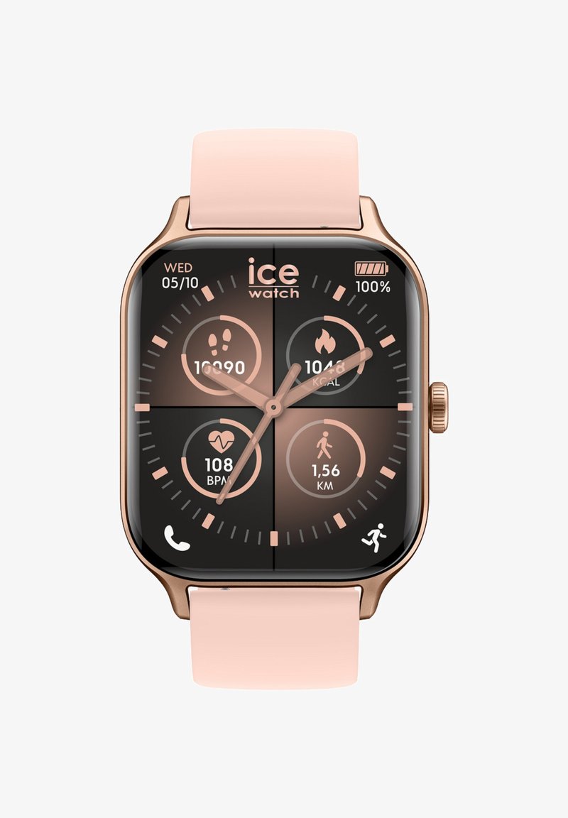Smartwatch con cinturino rosa che mostra data, conteggio passi, calorie bruciate, frequenza cardiaca, distanza percorsa, batteria al 100% e icone di chiamata e corsa.
