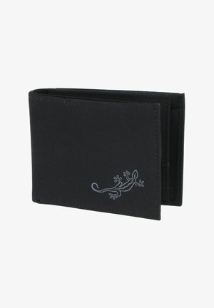 Black bifold wallet with a small silver lizard logo on the front lower right corner, shown slightly open on a white background.