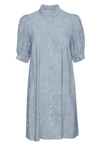 Vestito blu chiaro con bottoni, maniche a sbuffo e un motivo astratto giallo testurizzato. Presenta un colletto ed è lungo fino al ginocchio.