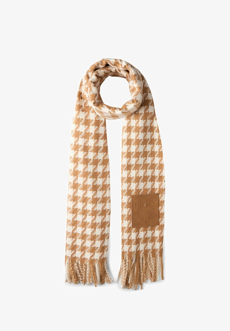 Bruin en crème schots patroon sjaal met franjes en een beige leren label met "LIU JO sinds 1995" in reliëf.