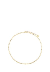 Collar de cadena de oro con eslabones alargados, cierre ajustable con un pequeño acento redondo, diseño elegante y textura metálica suave.