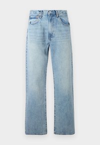Light blue denim jeans with wide straight legs, five-pocket design, and a belt looped waistband. Fabric shows a slightly faded texture.