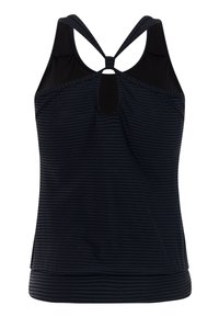 Schwarz und dunkelgrau gestreiftes ärmelloses sportliches Tanktop mit Schlüssel-Loch am Rücken und Racerback-Trägern.