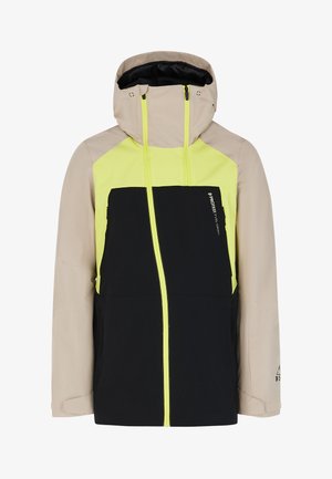 Herrenjacke mit einem Farbblockdesign: Schwarz, Beige und kräftigem Gelb. Hergestellt aus wasserabweisendem Material, mit Kapuze und Reißverschlüssen.