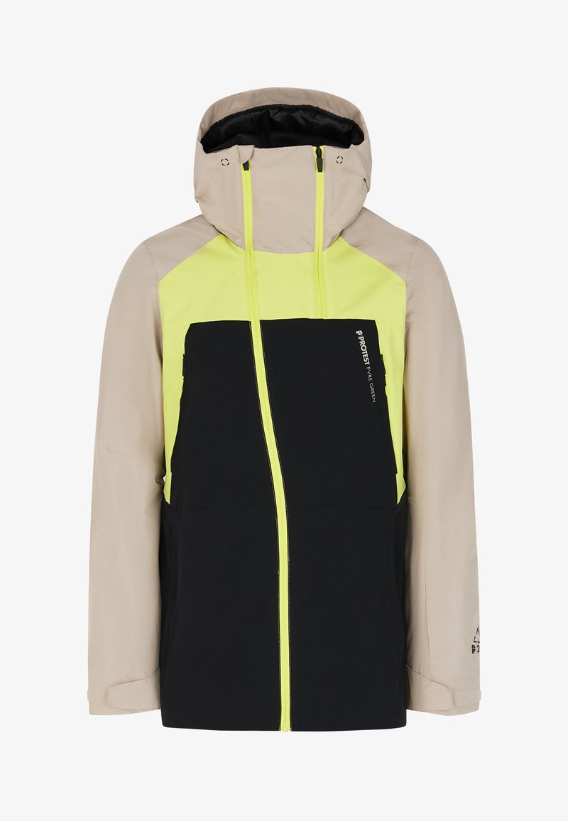 Herrenjacke mit einem Farbblockdesign: Schwarz, Beige und kräftigem Gelb. Hergestellt aus wasserabweisendem Material, mit Kapuze und Reißverschlüssen.