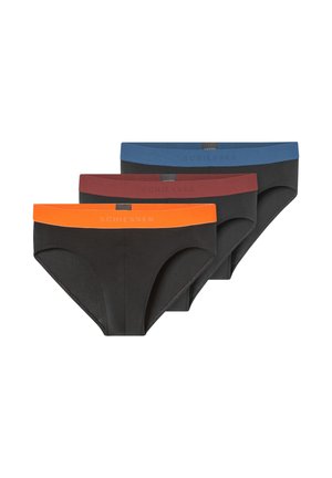 Tre par trusser i sort stof, hver med kontrasterende elastiske linninger i orange, blå og bordeaux. Glat tekstur, klassisk snit.