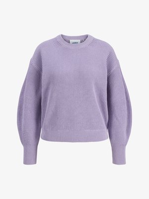 Pull tricot violet lilas avec manches ballon, poignets côtelés, ourlet et encolure ronde, présenté sur fond blanc.