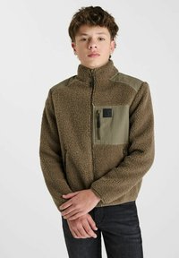 Fleece jas in bruin met olijfgroene accenten, hoge kraag, rits aan de voorkant en borstzak. Textuurstof en reguliere pasvorm.