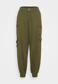 Olive green cargo pants with an elastic waistband, tapered cuffs, and multiple side pockets. Made from durable fabric with a soft texture.
