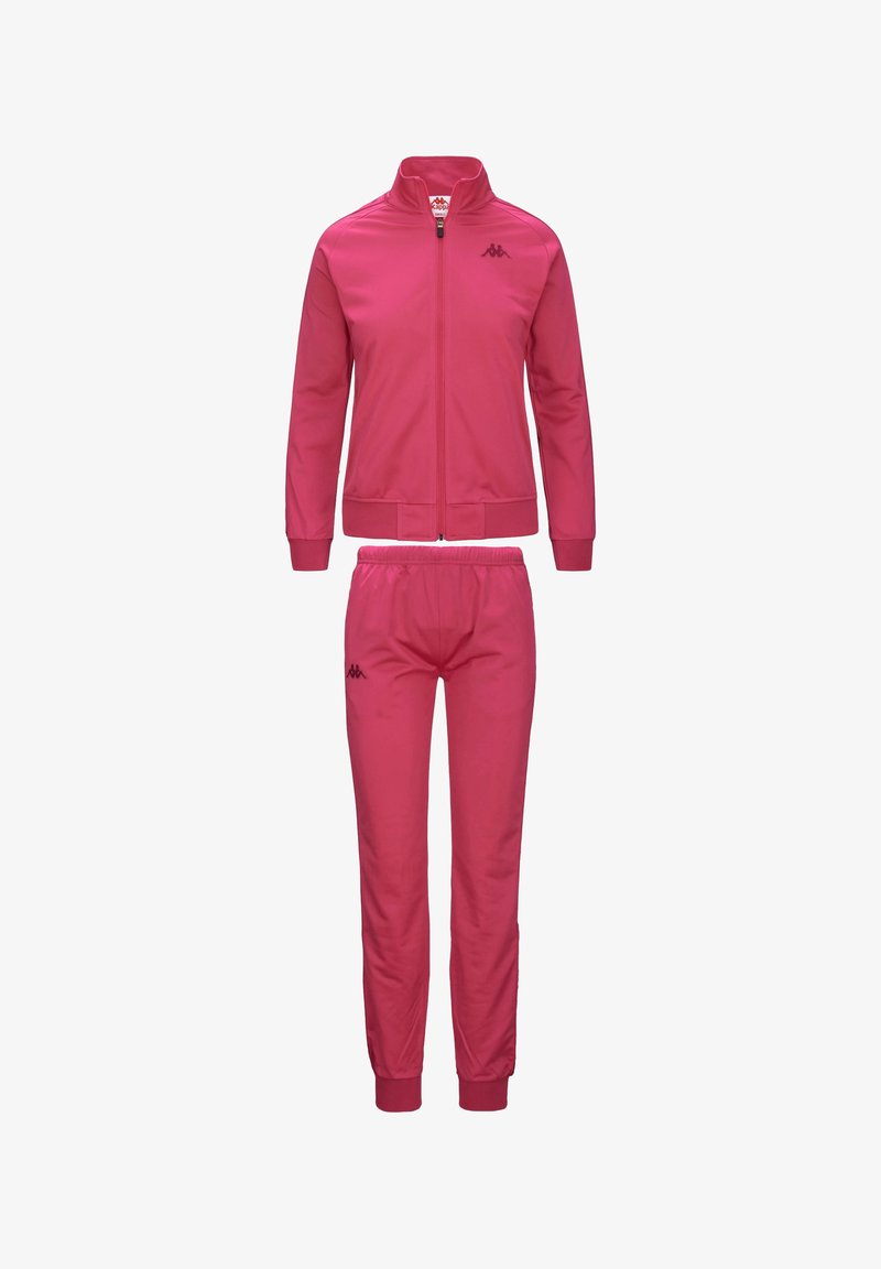 Tuta rosa con giacca con zip e colletto alto e pantaloni abbinati con vita elasticizzata. Il materiale ha una consistenza liscia e presenta dettagli del logo.