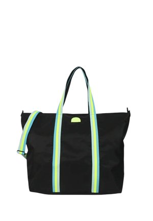 Borsa tote nera con due manici lunghi e tracolla regolabile con strisce azzurre e gialle.