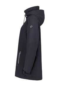 Marineblau wasserdichte Jacke mit Kapuze, ausgestattet mit einer Reißverschlusstasche, Knopfakzenten und verstellbaren Manschetten. Glatte Textur und modernes Design.