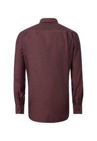 Langärmliges Hemd aus dunkelburgunderfarbenem Stoff mit glatter Textur. Verfügt über einen Standardkragen, geknöpfte Manschetten und eine sichtbare Rückennaht.