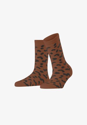 Brown socks featuring a leopard print in black. The design covers the entire surface, with a soft texture and mid-calf height.