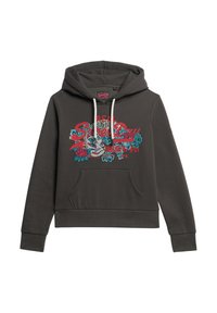 Sudadera con capucha de color gris oscuro con bolsillo frontal, que presenta un diseño gráfico colorido en azul y rojo. Cuerdas de ajuste en un color contrastante.