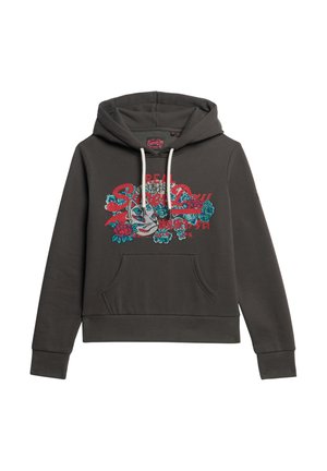 Donkergrijze hoodie met een voorzak, met een kleurrijke grafische ontwerpe in blauw en rood. Koorden in een contrasterende kleur.