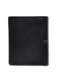 Black leather wallet with smooth texture, minimalist design, and white top stitching detail along one side. Rectangular shape with no embellishments.