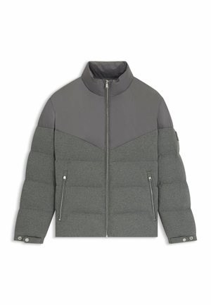 Gray puffer jacket with a solid dark gray upper section, high collar, two zippered side pockets, and ribbed cuffs. Textured fabric detail.