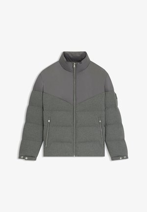 Gray puffer jacket with a solid dark gray upper section, high collar, two zippered side pockets, and ribbed cuffs. Textured fabric detail.