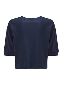 Granatowy skrócony sweatshirt z krótkimi rękawami, okrągłym dekoltem i gładką teksturą. Prosty design bez widocznych wzorów czy akcentów.
