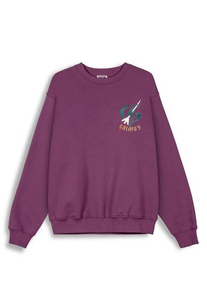 Sudadera morada de algodón con cuello redondo y puños de canalé. Presenta un diseño gráfico en la parte superior izquierda del pecho con acentos multicolores.